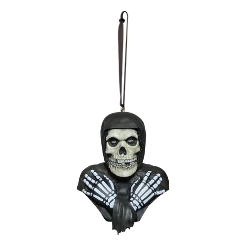 classic misfits fiend white skeleton bust with black hood and skeleton hands crossed on chest. has attached black ribbon for hanging