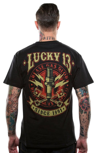 back of Lucky 13 amped t-shirt with a full back print of their classic 