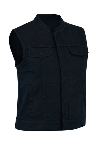 women's black denim vest with double side pockets, and double breast pockets