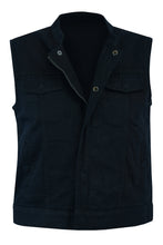 Load image into Gallery viewer, women&#39;s black denim vest with double side pockets, and double breast pockets. front zip with button snaps
