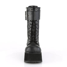 Load image into Gallery viewer, front view of Black vegan leather vinyl 3 1/2&quot; platform lace-up mid-calf boot with ornamental inner and outer zipper details, oversized buckle strap and back zip closure.
