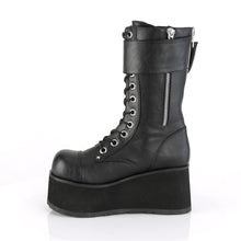 Load image into Gallery viewer, inner side view of Black vegan leather vinyl 3 1/2&quot; platform lace-up mid-calf boot with ornamental inner and outer zipper details, oversized buckle strap and back zip closure.
