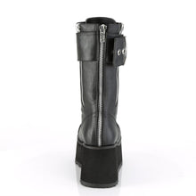 Load image into Gallery viewer, back view of Black vegan leather vinyl 3 1/2&quot; platform lace-up mid-calf boot with ornamental inner and outer zipper details, oversized buckle strap and back zip closure.

