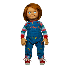 Load image into Gallery viewer, front of Chucky doll replicated from Child&#39;s Play 2. Classic overalls, striped shirt, and good guys shoes.
