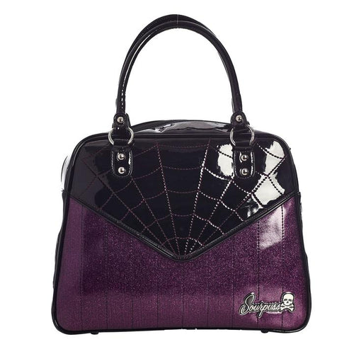 Glossy black vinyl and purple stitched spider webbing, along with contrast purple glitter panel with backseat stitching. Generously sized and can double as an overnight bag, complete with satin leopard liner and signature metal Sourpuss emblem and reinforced studded handles.
