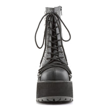 Load image into Gallery viewer, front view of Black vegan leather 3 3/4&quot; heel, 2 1/4&quot; platform lace-Up front ankle boot with criss-cross D-ring lace on vamp and spikes detail. Inside zip closure.
