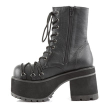 Load image into Gallery viewer, inner view of Black vegan leather 3 3/4&quot; heel, 2 1/4&quot; platform lace-Up front ankle boot with criss-cross D-ring lace on vamp and spikes detail. Inside zip closure.
