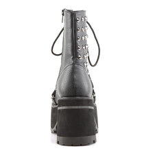 Load image into Gallery viewer, back view of Black vegan leather 3 3/4&quot; heel, 2 1/4&quot; platform lace-Up front ankle boot with criss-cross D-ring lace on vamp and spikes detail. Inside zip closure.
