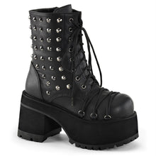 Load image into Gallery viewer, outer view of Black vegan leather 3 3/4&quot; heel, 2 1/4&quot; platform lace-Up front ankle boot with criss-cross D-ring lace on vamp and spikes detail. Inside zip closure.
