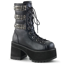 Load image into Gallery viewer, outer view of Black vegan leather 3 3/4&quot; heel, 2 1/4&quot; platform lace-up front ankle boot, with triple studded ornamental straps and pyramid stud &amp; horseshoe rings at back.
