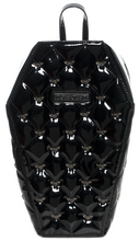 Load image into Gallery viewer, front of Black vegan vinyl coffin shaped backpack. Backpack has quilted pattern, with small silver bat studs all over backpack. Backpack has top zipper closure, two adjustable straps on the back, and black and white spiderweb liner,
