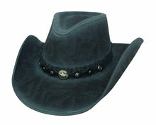 Load image into Gallery viewer, Faded black denim cowboy hat with diamond shaped leather strap around base of hat with silver star pendant on front
