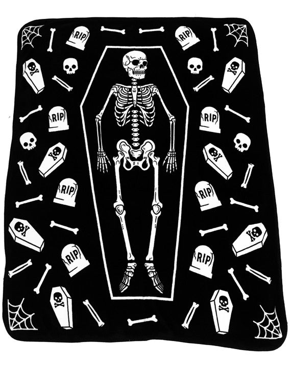 Skeleton, bones, skulls, coffin, gravestone, spiderweb pattern fleece throw blanket.