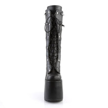 Load image into Gallery viewer, front view of 7&quot; platform Full lace-up front, no zipper Knee high boot Features moto jacket inspired stitching and ornamental zipper details
