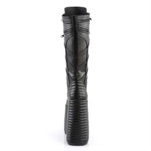 Load image into Gallery viewer, back view of 7&quot; platform Full lace-up front, no zipper Knee high boot Features moto jacket inspired stitching and ornamental zipper details
