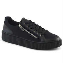 Load image into Gallery viewer, outer side view of black 1.5&quot; platform rubber sole Low top round toe lace-up front creeper sneaker Features ornamental silver metal zippers on sides w/ razor blade zipper heads
