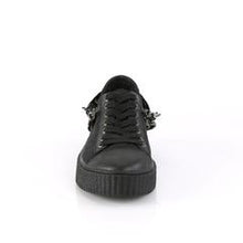 Load image into Gallery viewer, front view of black 1.5&quot; platform rubber sole Low top round toe lace-up front creeper sneaker Features 3 interchangeable metal chains on the heel
