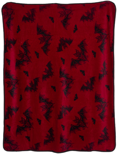 burgundy fleece blanket with black trim, featuring a black bats pattern.