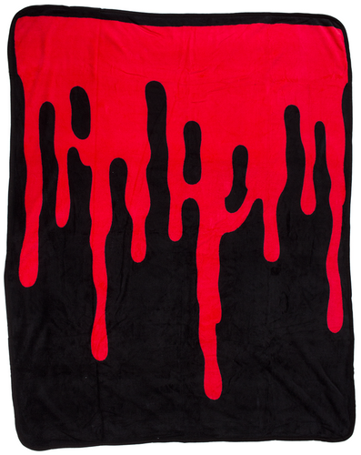Black fleece throw blanket with red blood drip print.