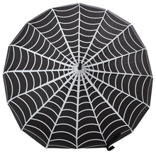 Load image into Gallery viewer, top view of Vintage-inspired classic shape, black umbrella with white spiderwebs, featuring a domed top to shield you from the rain or sun, with a slender, black J-shaped handle.
