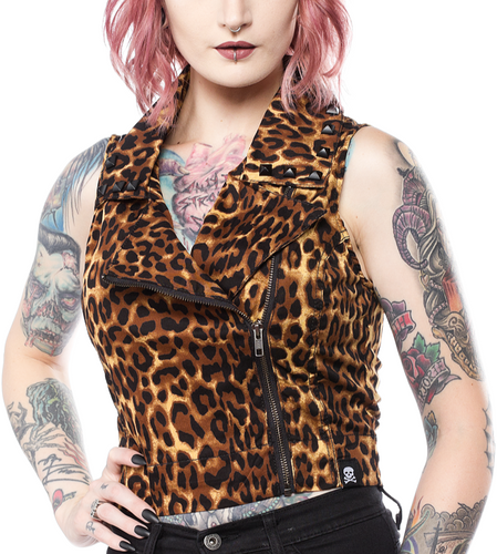 Leopard print vest has the same shape and design as a moto jacket, with a zip up front and black studs around the collar.