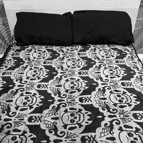 Spooky skulls, bats and webs black and gray damask pattern fleece throw blanket.