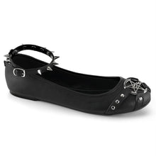 Load image into Gallery viewer, outer side view of black Vegan leather Ankle strap flat Features studded straps and pentagram ornament on vamp with buckle &amp; spikes detail
