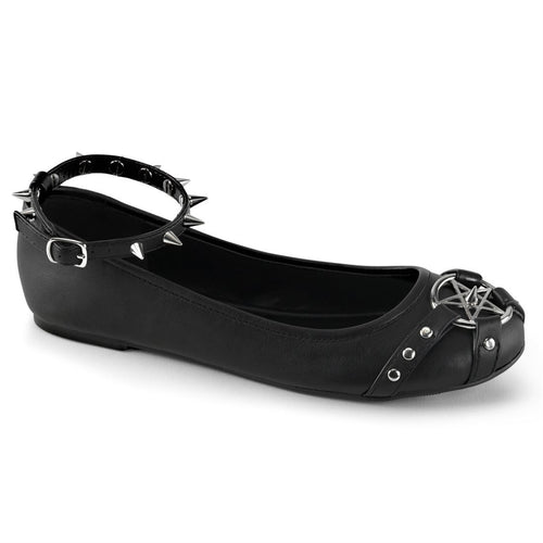 outer side view of black Vegan leather Ankle strap flat Features studded straps and pentagram ornament on vamp with buckle & spikes detail