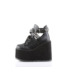 Load image into Gallery viewer, inner side view of black vegan leather 5.5&quot; wedge platform Mary Jane style Lace-up front Wrap around style studded adjustable strap around ankle

