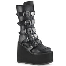Load image into Gallery viewer, black vegan leather 5 1/2&quot; wedge platform boot with five adjustable straps and five heart shaped metal plates on the front center
