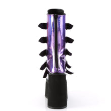 Load image into Gallery viewer, back side view of vegan vinyl purple hologram 5 1/2&quot; wedge platform Mid-calf boot Features 5 buckle straps w/ heart shaped metal plates at center with back metal zip closure
