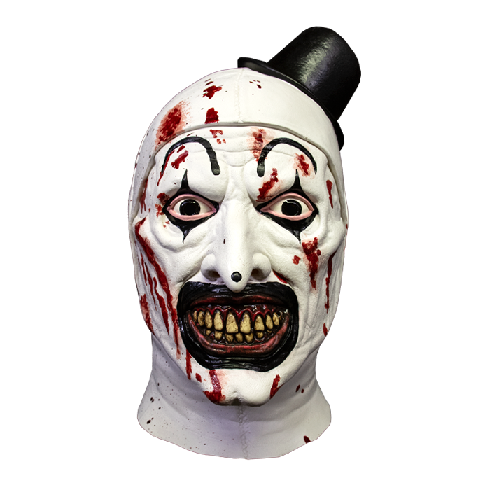 art the clown mask with black top hat, face paint and blood spatter