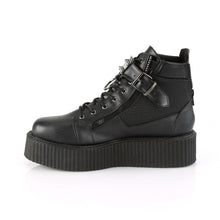 Load image into Gallery viewer, left side view of black vegan leather 2&quot; platform lace-up oxford creeper bootie shoe, buckle strap w/ cone spike studded metal plate &amp; o-ring details, zipper details up the back w/ exposed outer and inner zippers
