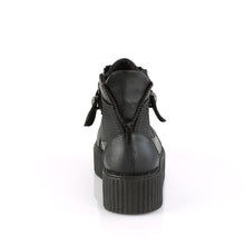 Load image into Gallery viewer, back side view of black vegan leather 2&quot; platform lace-up oxford creeper bootie shoe, buckle strap w/ cone spike studded metal plate &amp; o-ring details, zipper details up the back w/ exposed outer and inner zippers

