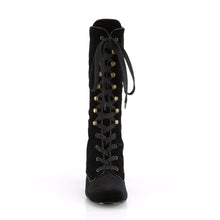 Load image into Gallery viewer, front side view of outer side view of black velvet 3&quot; block heel Round toe lace-up Mid-calf boot with full side zip
