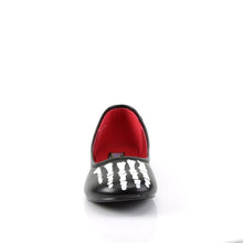 Load image into Gallery viewer, front side view of Black ballet flat with xay skeleton print on upper and sides

