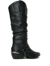 Load image into Gallery viewer, back side of Women&#39;s black vegan leather cowboy boot with attached bootstrap made out of black vegan leather and gunmetal hardware. Bootstrap has O ring on the outer side, detachable chain underneath, and gunmetal crescent moon on front.
