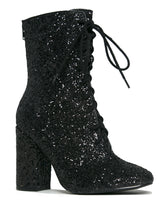 Load image into Gallery viewer, Outer view of Black glitter lace up front bootie boot.
