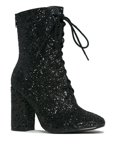 Outer view of Black glitter lace up front bootie boot.