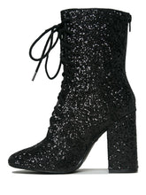 Load image into Gallery viewer, Outer view of Black glitter lace up front bootie boot.
