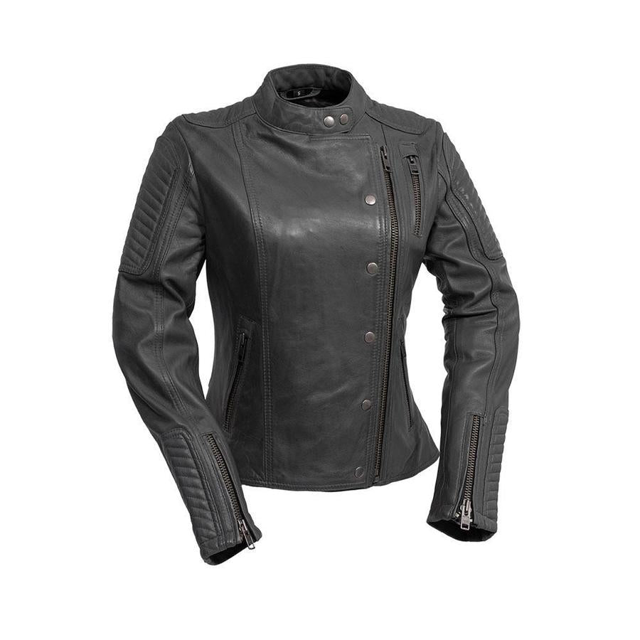 front view of Black leather sheepskin jacket. Jacket is designed to have a classic fit, has zip sleeves, two side hand pockets, one chest pocket and two interior pockets. Jacket is fully lined. 